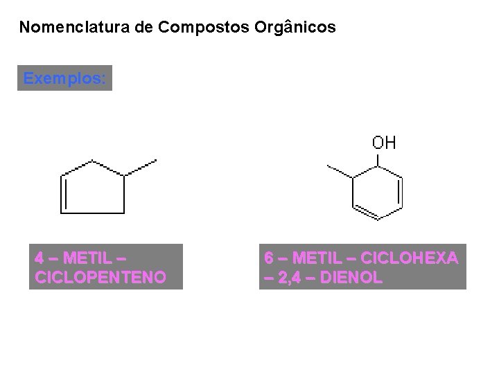 Nomenclatura de Compostos Orgânicos Exemplos: 4 – METIL – CICLOPENTENO 6 – METIL –