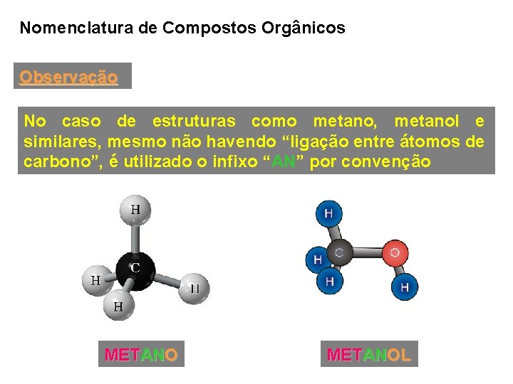 Nomenclatura de Compostos Orgânicos Observação No caso de estruturas como metano, metanol e similares,