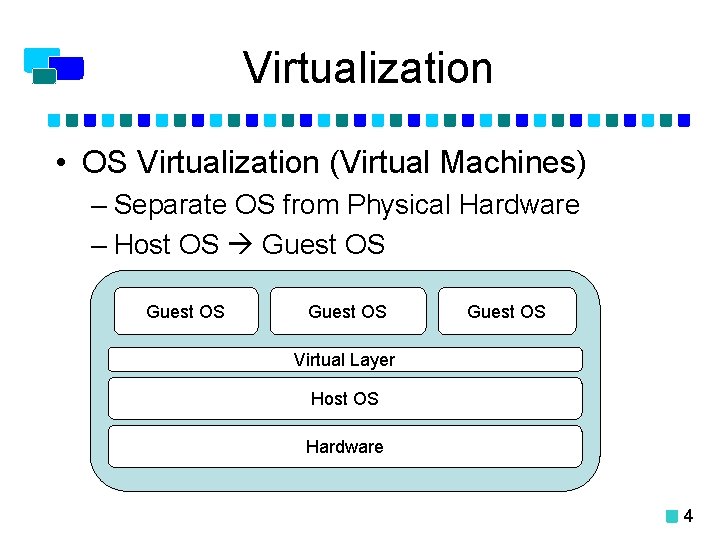 Virtualization • OS Virtualization (Virtual Machines) – Separate OS from Physical Hardware – Host
