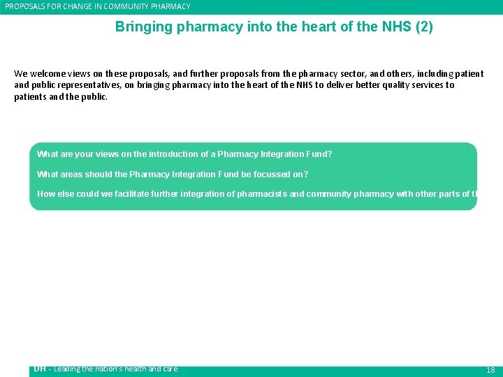PROPOSALS FOR CHANGE IN COMMUNITY PHARMACY Bringing pharmacy into the heart of the NHS