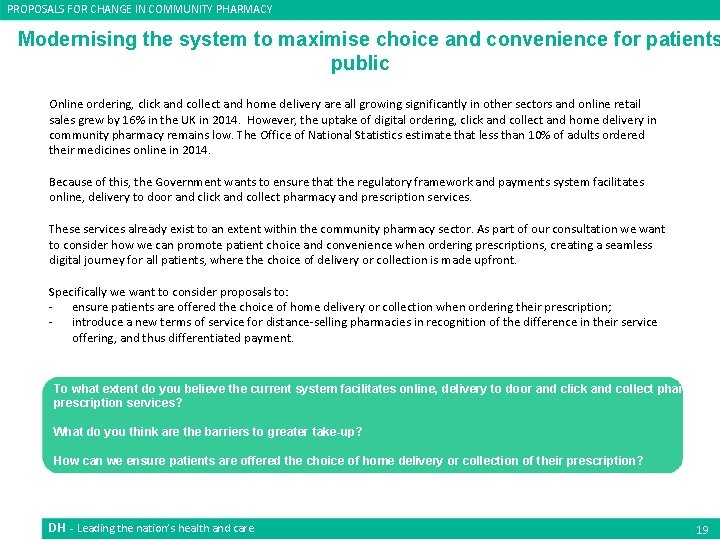 PROPOSALS FOR CHANGE IN COMMUNITY PHARMACY Modernising the system to maximise choice and convenience