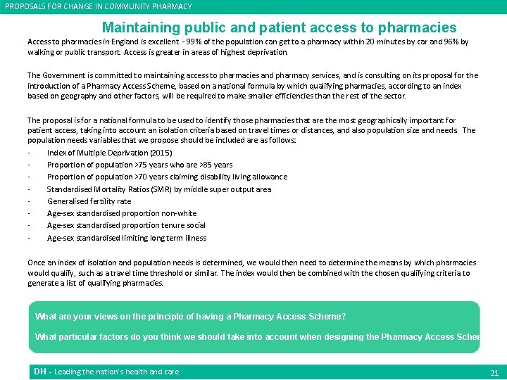 PROPOSALS FOR CHANGE IN COMMUNITY PHARMACY Maintaining public and patient access to pharmacies Access