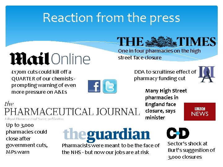 Reaction from the press One in four pharmacies on the high street face closure