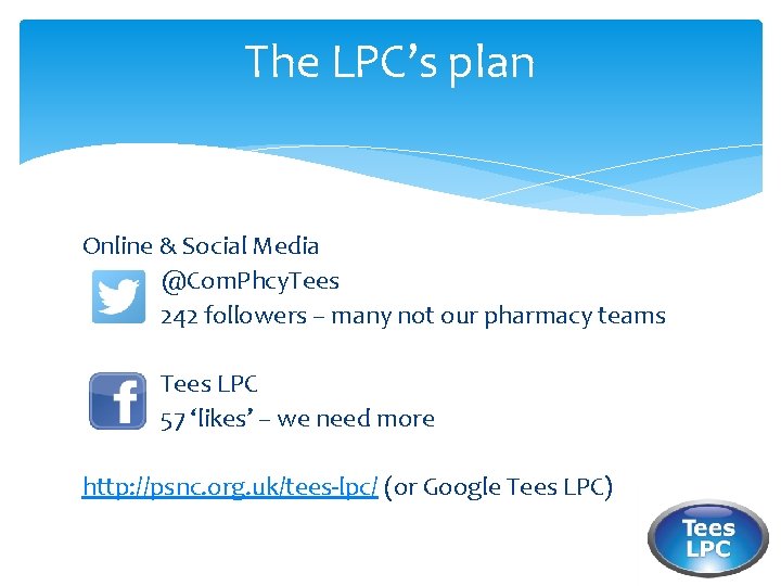 The LPC’s plan Online & Social Media @Com. Phcy. Tees 242 followers – many