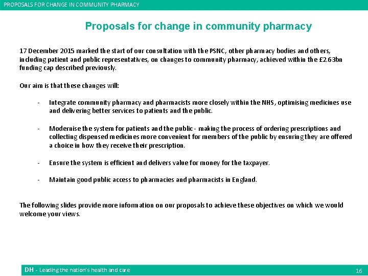PROPOSALS FOR CHANGE IN COMMUNITY PHARMACY Proposals for change in community pharmacy 17 December