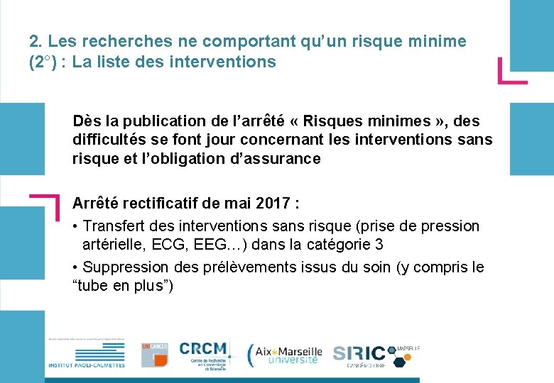 2. Les recherches ne comportant qu’un risque minime (2°) : La liste des interventions