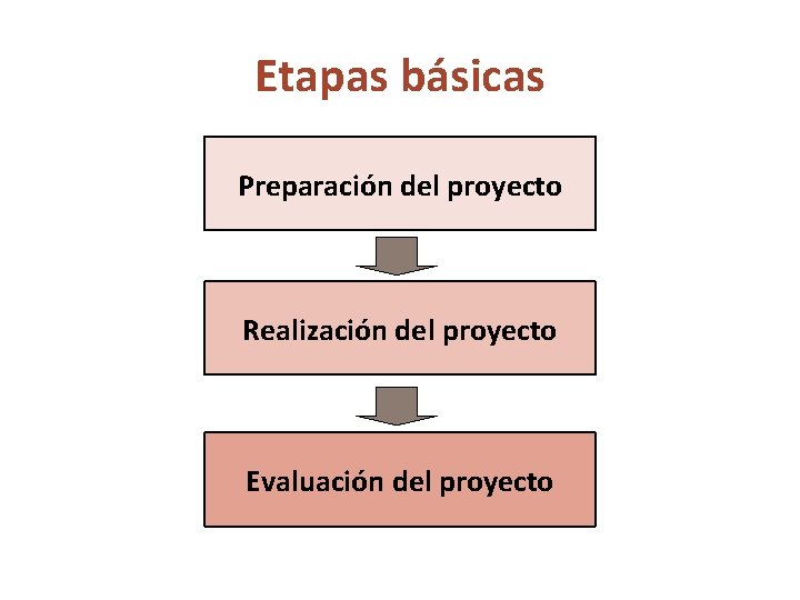 Etapas básicas Preparación del proyecto Realización del proyecto Evaluación del proyecto 