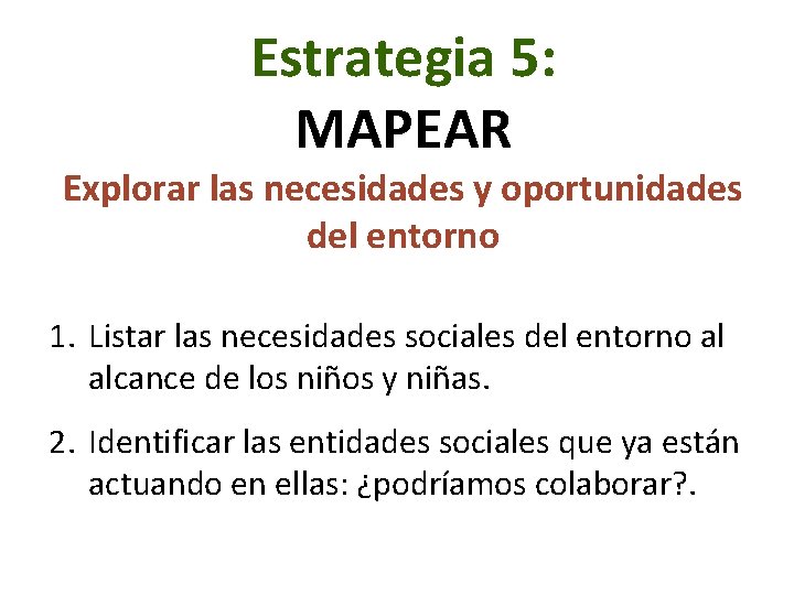 Estrategia 5: MAPEAR Explorar las necesidades y oportunidades del entorno 1. Listar las necesidades