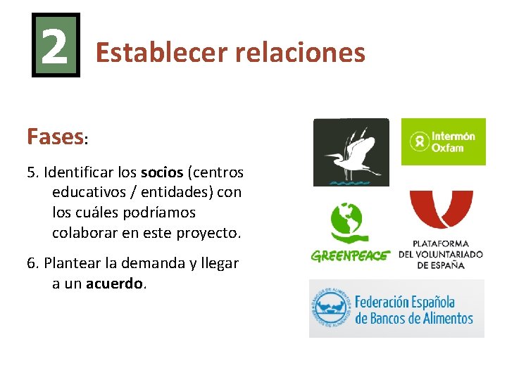 2 Establecer relaciones Fases: 5. Identificar los socios (centros educativos / entidades) con los