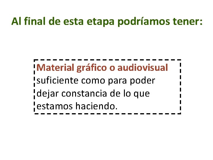 Al final de esta etapa podríamos tener: Material gráfico o audiovisual suficiente como para