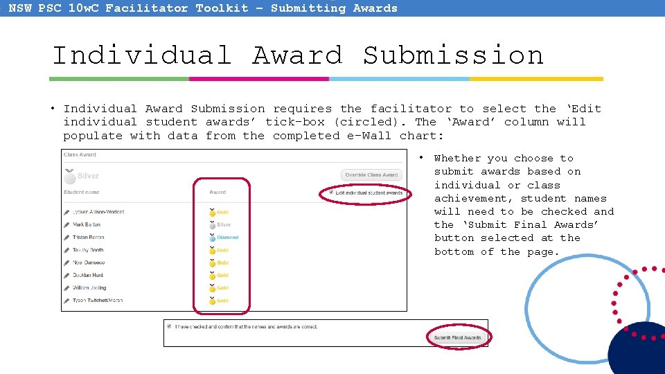 NSW PSC 10 w. C Facilitator Toolkit – Submitting Awards Individual Award Submission • NSW PSC 10 w. C Facilitator Toolkit – Submitting Awards Individual Award Submission •