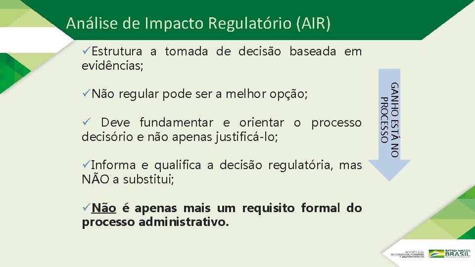Análise de Impacto Regulatório (AIR) üEstrutura a tomada de decisão baseada em evidências; ü Análise de Impacto Regulatório (AIR) üEstrutura a tomada de decisão baseada em evidências; ü
