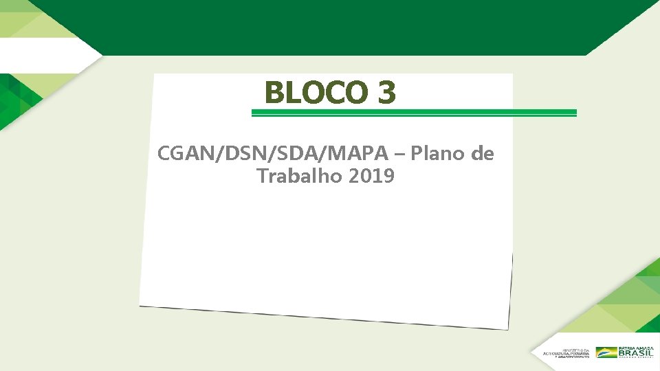BLOCO 3 CGAN/DSN/SDA/MAPA – Plano de Trabalho 2019 BLOCO 3 CGAN/DSN/SDA/MAPA – Plano de Trabalho 2019