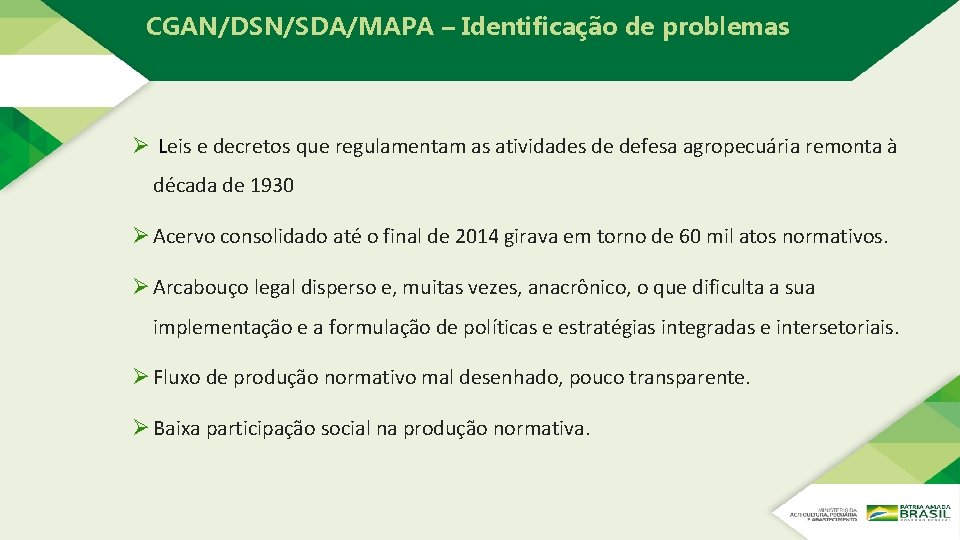 CGAN/DSN/SDA/MAPA – Identificação de problemas Ø Leis e decretos que regulamentam as atividades de CGAN/DSN/SDA/MAPA – Identificação de problemas Ø Leis e decretos que regulamentam as atividades de