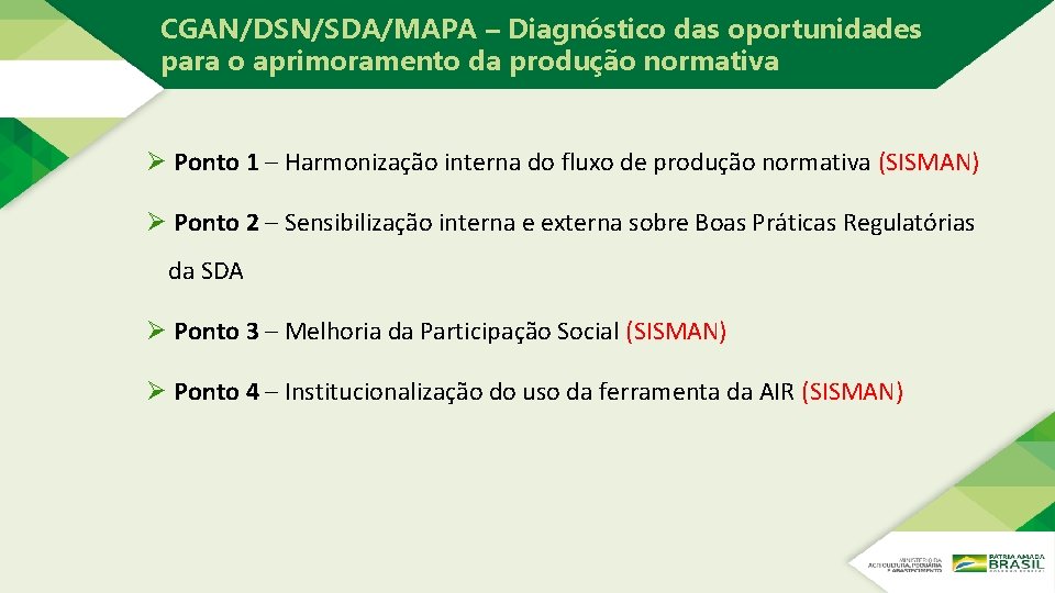 CGAN/DSN/SDA/MAPA – Diagnóstico das oportunidades para o aprimoramento da produção normativa Ø Ponto 1 CGAN/DSN/SDA/MAPA – Diagnóstico das oportunidades para o aprimoramento da produção normativa Ø Ponto 1