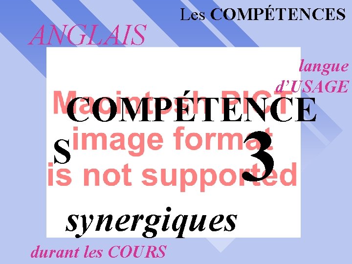 ANGLAIS Les COMPÉTENCES langue d’USAGE COMPÉTENCE S synergiques durant les COURS 3 
