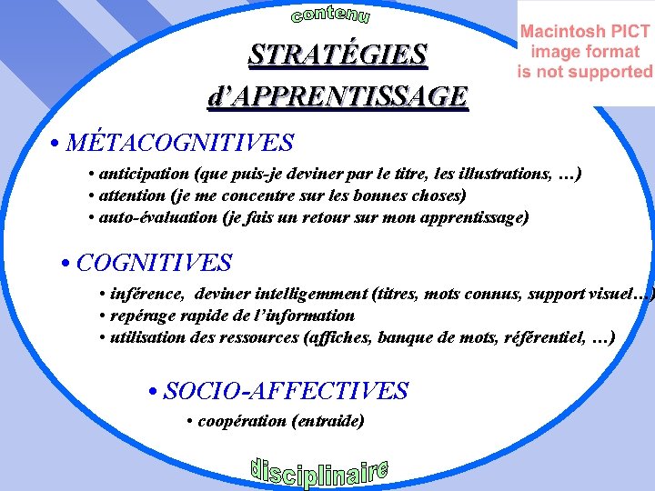  STRATÉGIES d’APPRENTISSAGE • MÉTACOGNITIVES • anticipation (que puis-je deviner par le titre, les