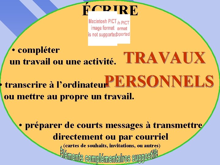 ÉCRIRE • compléter un travail ou une activité. TRAVAUX_ TRAVAUX PERSONNELS • transcrire à