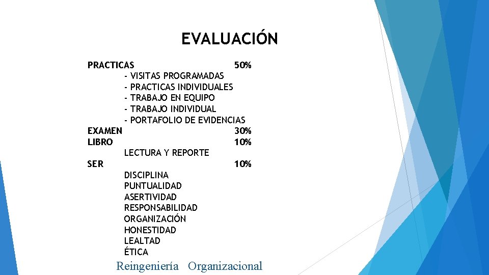 EVALUACIÓN PRACTICAS 50% - VISITAS PROGRAMADAS - PRACTICAS INDIVIDUALES - TRABAJO EN EQUIPO -