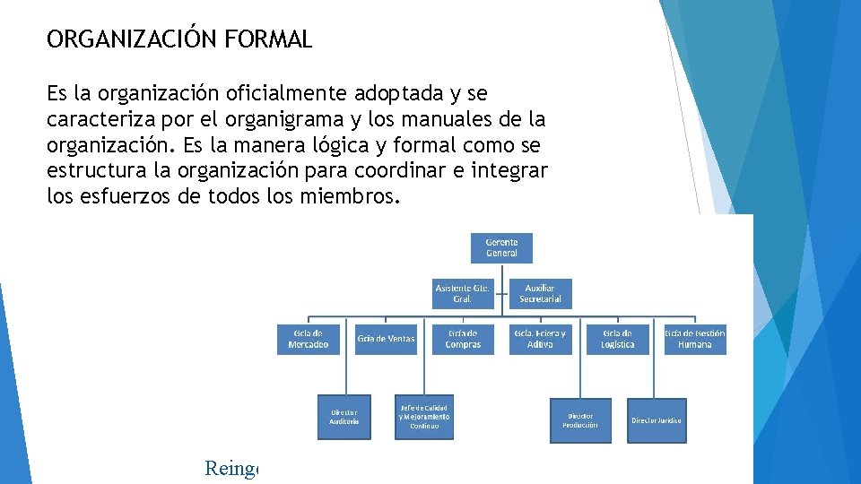 ORGANIZACIÓN FORMAL Es la organización oficialmente adoptada y se caracteriza por el organigrama y