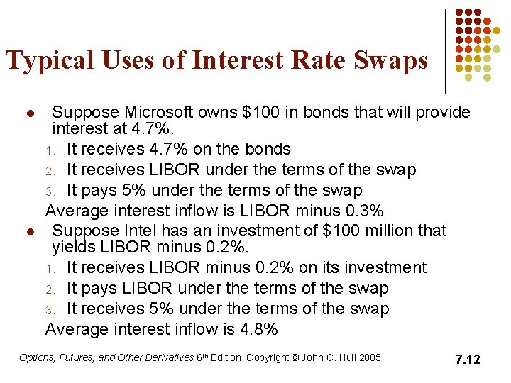 Typical Uses of Interest Rate Swaps l l Suppose Microsoft owns $100 in bonds