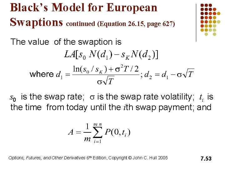 Black’s Model for European Swaptions continued (Equation 26. 15, page 627) The value of