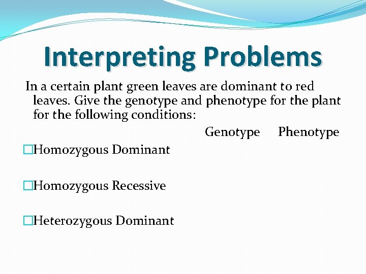 Interpreting Problems In a certain plant green leaves are dominant to red leaves. Give