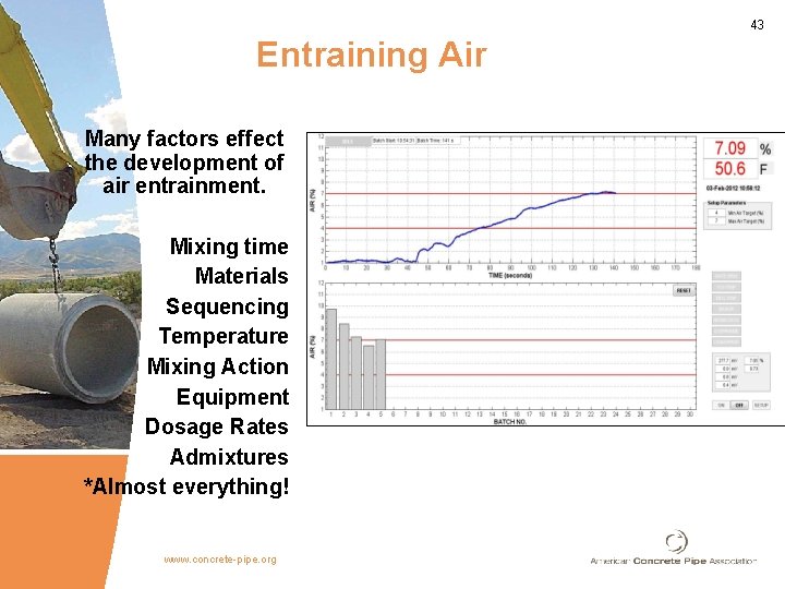 43 Entraining Air Many factors effect the development of air entrainment. Mixing time Materials 43 Entraining Air Many factors effect the development of air entrainment. Mixing time Materials