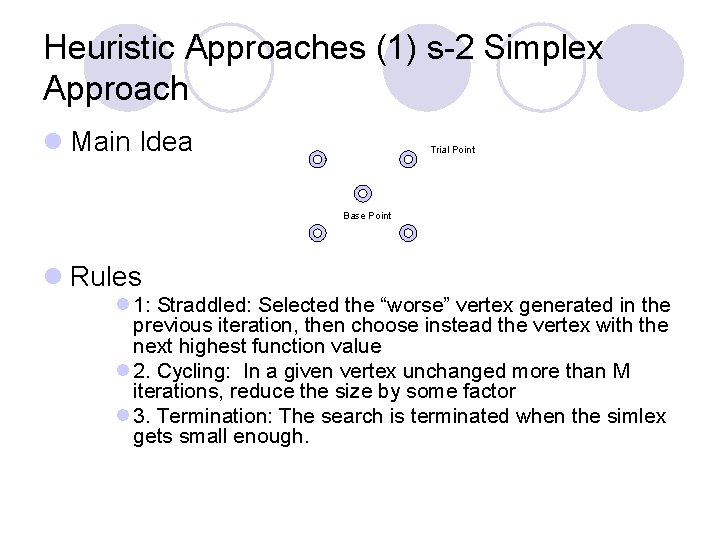 Heuristic Approaches (1) s-2 Simplex Approach l Main Idea Trial Point Base Point l