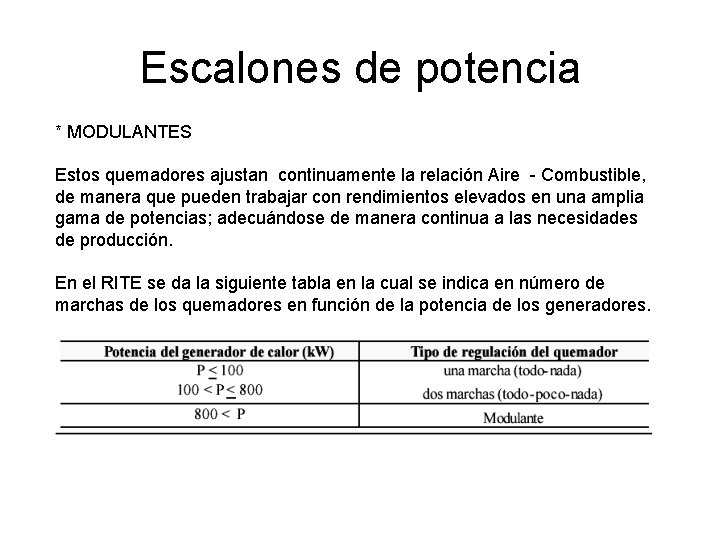 Escalones de potencia * MODULANTES Estos quemadores ajustan continuamente la relación Aire - Combustible, Escalones de potencia * MODULANTES Estos quemadores ajustan continuamente la relación Aire - Combustible,