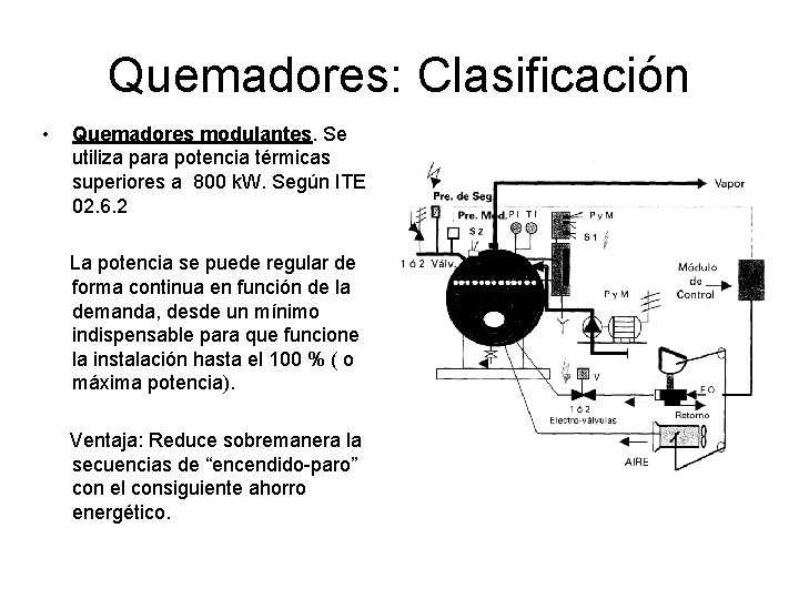Quemadores: Clasificación • Quemadores modulantes. Se utiliza para potencia térmicas superiores a 800 k. Quemadores: Clasificación • Quemadores modulantes. Se utiliza para potencia térmicas superiores a 800 k.