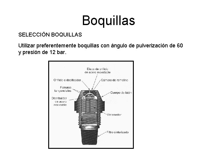 Boquillas SELECCIÓN BOQUILLAS Utilizar preferentemente boquillas con ángulo de pulverización de 60 y presión Boquillas SELECCIÓN BOQUILLAS Utilizar preferentemente boquillas con ángulo de pulverización de 60 y presión
