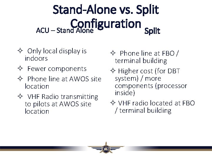 Stand-Alone vs. Split Configuration ACU – Stand Alone Split Only local display is Phone Stand-Alone vs. Split Configuration ACU – Stand Alone Split Only local display is Phone