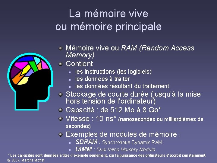 La mémoire vive ou mémoire principale Mémoire vive ou RAM (Random Access Memory) Contient La mémoire vive ou mémoire principale Mémoire vive ou RAM (Random Access Memory) Contient