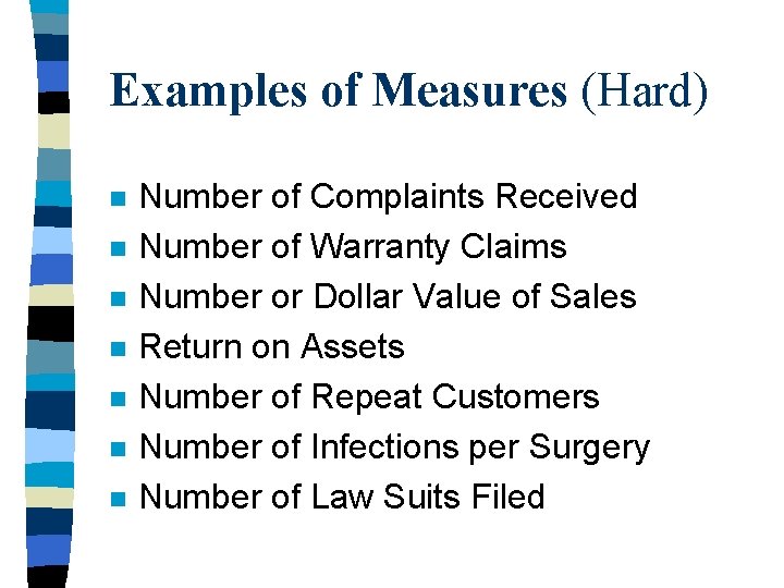 Examples of Measures (Hard) n n n n Number of Complaints Received Number of
