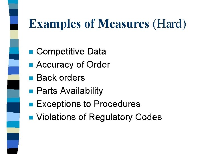 Examples of Measures (Hard) n n n Competitive Data Accuracy of Order Back orders