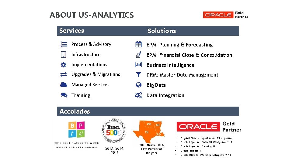 ABOUT US-ANALYTICS Services Solutions Process & Advisory EPM: Planning & Forecasting Infrastructure EPM: Financial