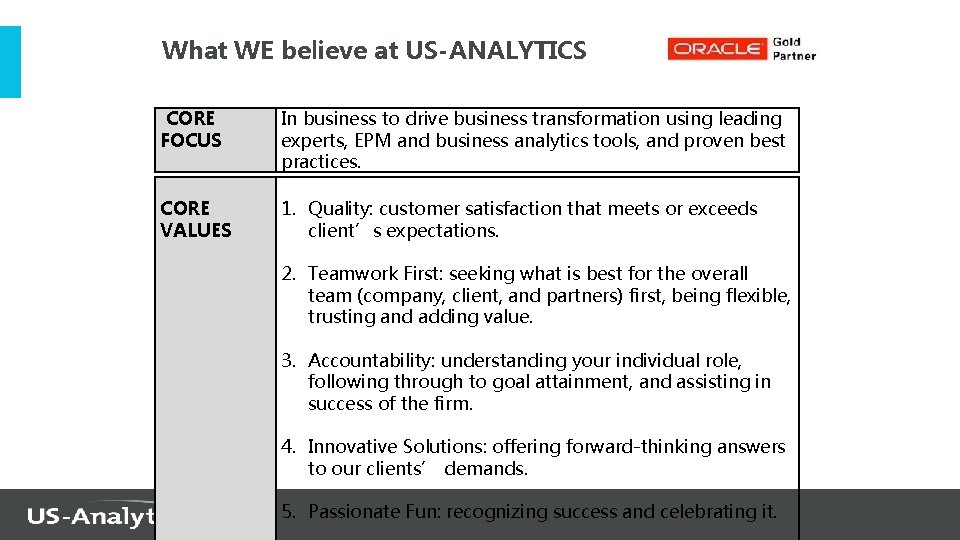 What WE believe at US-ANALYTICS CORE FOCUS CORE VALUES In business to drive business