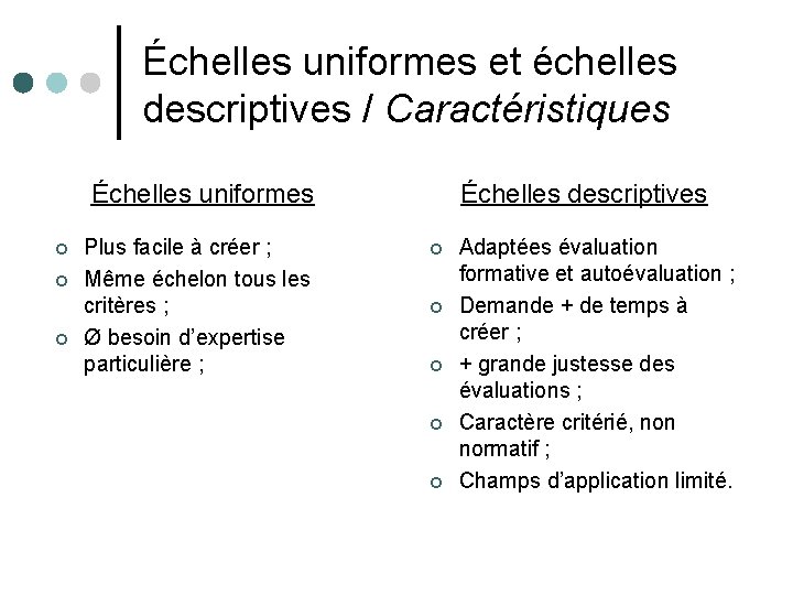 Échelles uniformes et échelles descriptives / Caractéristiques Échelles uniformes Plus facile à créer ;