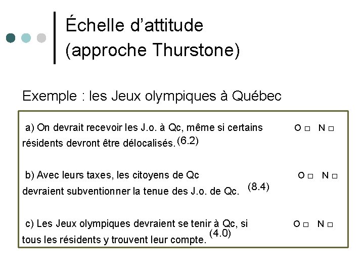 Échelle d’attitude (approche Thurstone) Exemple : les Jeux olympiques à Québec a) On devrait