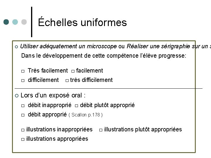 Échelles uniformes Utiliser adéquatement un microscope ou Réaliser une sérigraphie sur un s Dans