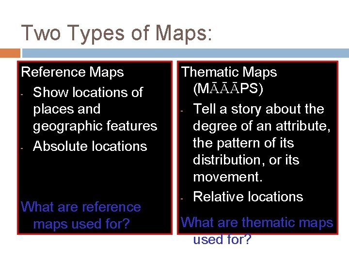 Two Types of Maps: Reference Maps - Show locations of places and geographic features