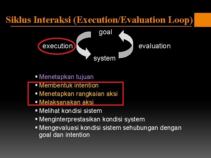 Siklus Interaksi (Execution/Evaluation Loop) goal execution evaluation system § Menetapkan tujuan § Membentuk intention