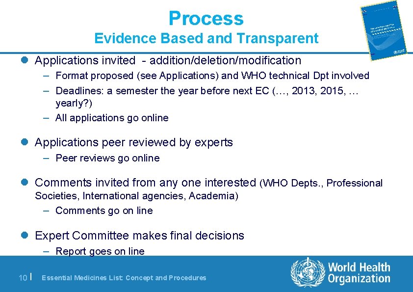 Process Evidence Based and Transparent l Applications invited - addition/deletion/modification – Format proposed (see