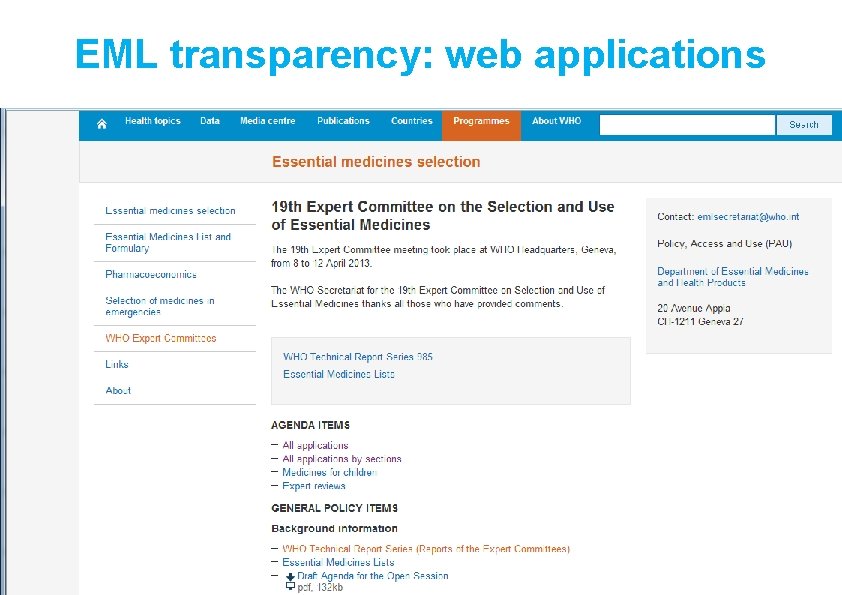 EML transparency: web applications 27 | Essential Medicines List: Concept and Procedures 