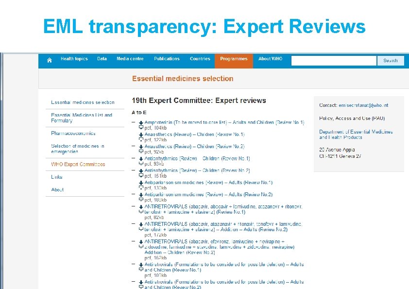 EML transparency: Expert Reviews 28 | Essential Medicines List: Concept and Procedures 