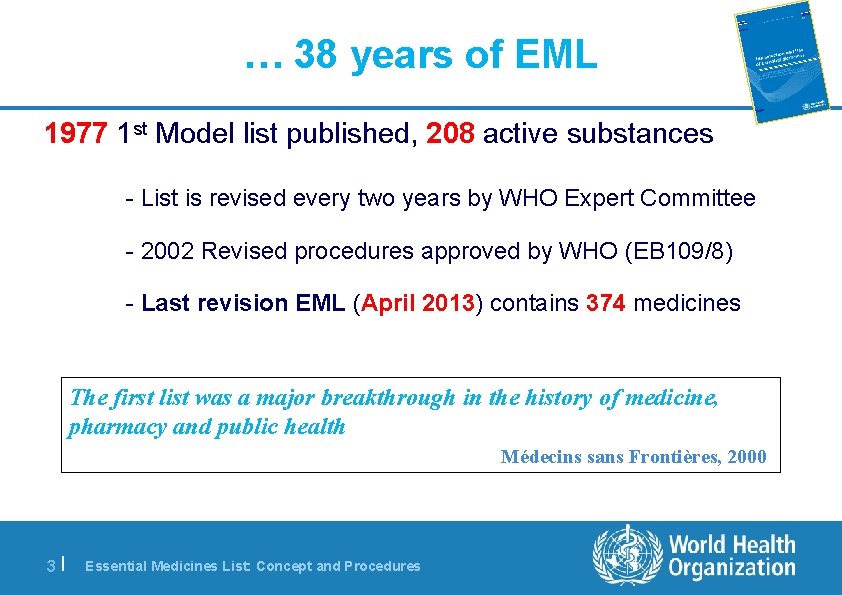 … 38 years of EML 1977 1 st Model list published, 208 active substances