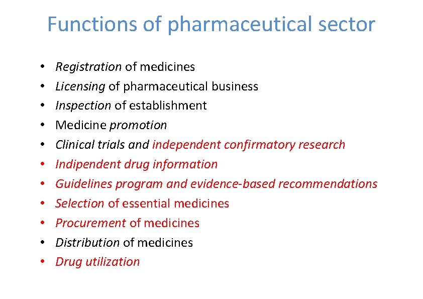 Functions of pharmaceutical sector • • • Registration of medicines Licensing of pharmaceutical business
