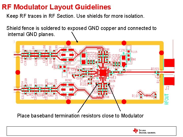 RF Modulator Layout Guidelines Keep RF traces in RF Section. Use shields for more