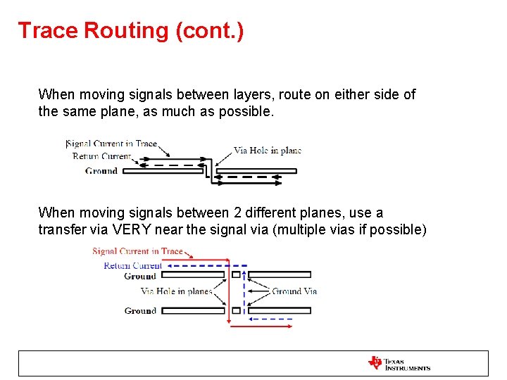 Trace Routing (cont. ) When moving signals between layers, route on either side of